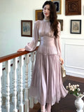 Nukty New Elegant Chic French Pleated Solid Dress Puff Sleeves Slim Wasit Midi Women's Dresses Party Prom Female Clothes Mujer