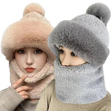 Nukty Winter Scarf Set Hooded for Women Plush Neck Warm Russia Outdoor Ski Windproof Hat Thick Plush Fluffy Beanies