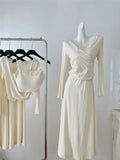 Nukty Korean Elegant Knitted Women's 3 Pieces Set V-Neck Long Sleeves Pullover Top + Spaghetti Strap Vest + Loose A-Line Skirt Suits