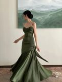 Nukty Elegant Emerald Green Irregular Patchwork Evening Party Dress High Waist Spaghetti Strap Pleated Hem Prom Gown For Women