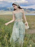 Nukty Summer Sweet Ruffles Fairy Skirt Suits Elegant Lace Patchwork Sleeveless Top Casual Long Skirt Womens Two Pieces Set New Outfits
