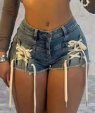 Nukty Fashion Lace-Up Bandage Blue Stretch Denim Shorts for Women Summer Casual Skinny  Short Jeans Sexy Beach Night Club Outfits