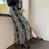 Nukty French Chic Long Skirts for Women Tie-dye Printed Tassel High Waist Female Sheath Skirt Ladies Streetwear Maxi Skirt