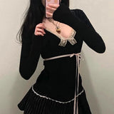 Nukty Y2K Lace Patchwork Top Contrast Color Women Autumn Spring Ribbon Lace-up Bow Coquette T-shirts Cute Causal Basics Tees