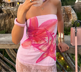 Nukty Holiday Floral Print Tube Top with Scarf Fairycore y2k Strapless Cropped Tops Women Summer Casual Vest Elegant Aesthetic