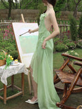 Nukty Elegant Green Halter Sleeveless Womens Dresses French Spaghetti Strap Backless Party Long Dress Summer Spring Casual Beach Robe