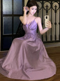 Nukty Vintage Purple Womens Dresses Elegant Spaghetti Strap V-neck Evening Party Long Dress Summer Slim Waist Vestidos Female Clothing