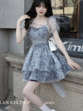 Nukty Korean Sweet Lace-up Mini Dress Elegant Print Puff Sleeve Ball Gown Birthday Party Short Dresses Summer Spring Princess Vestidos