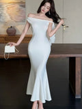 Nukty Summer Solid Mermaid Long Dresses for Women French Fashion Diagonal Collar Bodycon Party Dress Slim Vestidos Female Clothing New