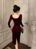 Nukty NEW YEAR DRESS TO IMPRESS Autumn Winter Dresses Women Elegant Sexy Square Collar Slim Long Sleeve Vintage Velvet Dress Female French Style Chic