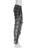 Nukty Casual Plaid Srawstring Ruffles Split Skirt See Through Slim Low-Waisted Maxi Skirts Women Summer Fashion Streetwear