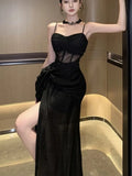 Nukty French Sexy Black Split Sleeveless Dresses Summer New Fashion Spaghetti Strap Slim Female Evening Party Club Dress
