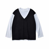 Nukty Fake Two Piece 100% Cotton Spring Autumn Harajuku Long Sleeve Men T Shirt Casual Korean Fashion Oversized Woman Top 2022 Trend