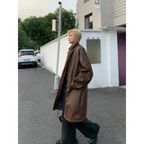 Nukty Unisex Black PU Leather Long Trench Coat Men Women Gothic Trenchcoat Luxury Autumn Winter Loose Windbreaker Outerwear