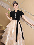 Nukty Black V-neck Evening Dress Elegant Puff Sleeve Bow Formal Banquet Dresses Elegant Print Princess Cake Dress Female Party Gown