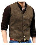Nukty Men's Suit Formal V Neck Wool Herringbone Tweed Casual Waistcoat Formal Business Vest Groomman For Wedding Green/Black/Brown