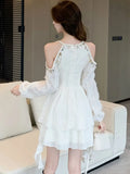 Nukty Elegant Princess Mini Dress for Women Sequin Off Shoulder Ruffle Long Sleeve A-Line Vestidos Vintage Korean Female Short Dresses