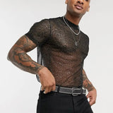 Nukty Men's Short Sleeve Mesh T Shirt Sheer Slim Fit Shiny Sexy See-through Party Nightclub Thin Breathable Clothing Leisure Tees