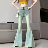 Nukty Y2K Vintage Raw Edge Flare Jeans Women Korean High Waist Slim Denim Pants Solid Hip Hop Streetwear All Match Wide Leg Trousers