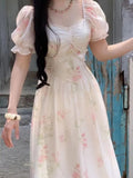Nukty Women Vintage Floral Print Midi Dress Summer New Fashion Casual Square Collar Female Puff Sleeve Elegant Fairy Holiday Vestidos