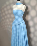 Nukty Sky Blue Beadings Prom Dresses Pleated Floor Length Evening Dresses vestidos de novia Back Zipper Party Dresses
