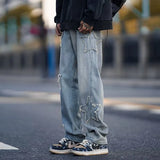 Nukty Men Star Embroidery Straight Casual Jeans Male New Fashion Straight Wide Leg Loose Hip Hop High Street Baggy Denim Trousers