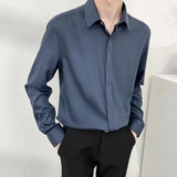 Nukty Luxury Spring Clothing Men's Casual Turn Down Collar Texture Shirts Vintage Buttons Solid Color Long Sleeve Leisure Clothes