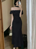 Nukty Sexy Solid Off Shoulder Mermaid Dresses Summer Slim Waist Vestidos Mujer Elegant Ruffles Slash Neck Bodycon Evening Party Dress