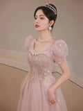 Nukty DRESS TO IMPRESS Pink Sequin Evening Dress Elegant Appliques Floor-Length Pearl Beading Prom Party Gown Princess Bubble Sleeve Vestido De Festa