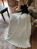 Nukty French Ruffle Pleated Elegant Fashion Evening Party Black White Women's Dresses Spliced A-Line Prom Spaghetti Strap Dress New