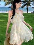 Nukty Summer Halter Mini Dress for Women French Style Off Shoulder Backless Ruffles Princess Birthday Party Dresses Slim Vestidos New