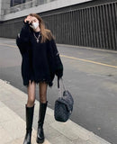 Nukty Distressed Sweater Black Grunge Oversized Fringed Knit Jumper Punk Girl Women's Pullover Autumn Winter