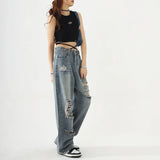 Nukty Women's Trendy Straight Jeans with Ripped Knees Women's Fashionable and Comfortable High Waist Casual Jeans Loose Wide Leg Pants