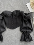 Nukty Summer Off Shoulder Tops Women Long Sleeves Solid Zipper Elastic Waist Tops Spring Fashion Ruffle Short Sexy Shirts