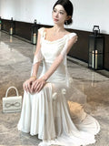 Nukty Fashion Slim Wasit Bodycon Evening Women Dresses New Flying Sleeve Korean  Sexy Elegant Mesh Solid Flowers Mermaid Dress