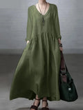 Nukty Autumn Long Sleeve V-Neck Mid-Calf Length Sundress Women Solid Color Baggy Dress Pure Cotton Holiday Loose Dresses