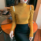Nukty Pearls Puffe Sleeve Knit Sweater Women Autumn Winter Pleated Slim Fit Knitwear Woman Half High Neck Pullovers Female