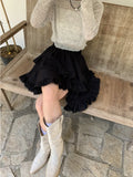 Nukty Fairy Core Mini Skirt Women Elastic High Waist A-line Irregular Lace Trim Ruffles Cake Skirt Summer Mori Girl Style