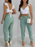 Nukty Solid Ruffles Backless Knotted Crop Tops & Pocket Design Belted Pants Set Casual Women Two Piece Set Outfits