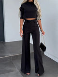 Nukty Elegant Women Letter Print Two Piece Sets Autumn O Neck Short Top & Wide Leg Pants Outfits Office Lady Casual Streetwear Suits
