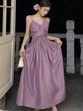 Nukty Vintage Purple Womens Dresses Elegant Spaghetti Strap V-neck Evening Party Long Dress Summer Slim Waist Vestidos Female Clothing
