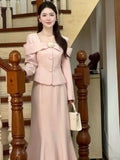 Nukty DRESS TO IMPRESS Insozkdg Spring Autumn French Style Pink Tweed Blazer + Mermaid Skirt Two-Piece Sets Women Female Office Lady Skirts Suits New