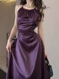 Nukty Vintage Satin Midi Dresses for Women New Summer French Fold Hollow Out Elegant Prom Fashion Slim Casual Female Clothes Robe