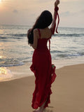 Nukty Women Elegant Backless Sexy Slip Dresses Summer Spring New Fashion Irregular Ruffles Holiday Beach Party Club Split Midi Dress