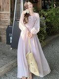 Nukty Elegant French Romantic Ruffles Chiffon Purple Women's Dresses Square-Collar Slim Wasit Long Sleeves  korean Dress Vacation New
