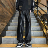 Nukty Autumn Winter Men's PU Leather Motorcycle Pants Coffee/Black Men Wide-leg Mopping Trousers All-match Windproof Plus Size 8XL-M