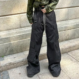 Nukty Ro Style Wide Leg Drawstring Black Cargo Pants Unisex Straight Baggy Casual Overalls Men's Streetwear Loose Oversized Trousers