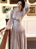 Nukty Elegant Chic French Pleated Solid Dresses New Puff Sleeves Slim Wasit Midi Women's Dresses Party Prom Female Clothes Mujer