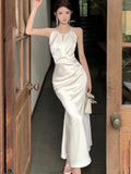 Nukty Elegant Satin Mermaid Womens Dresses Sexy Halter Spaghetti Strap Bodycon Evening Party Dress Summer Slim Waist Vestidos Robe New