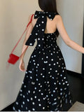 Nukty Dot Chic Retro Elegant French Style Polka Sling Dresses Bow Backless Slim Waist Halter-neck Split Dress Spring Summer New